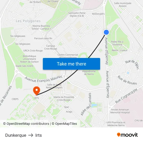Dunkerque to Irts map