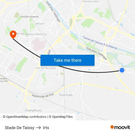 Stade De Taissy to Irts map