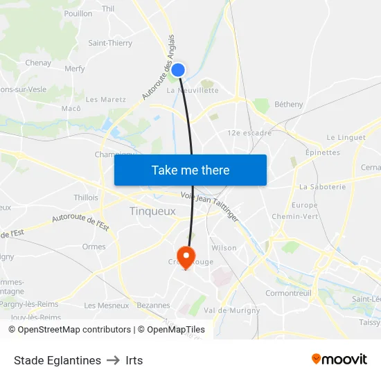 Stade Eglantines to Irts map