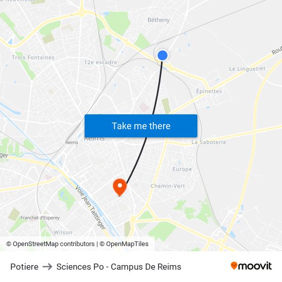 Potiere to Sciences Po - Campus De Reims map