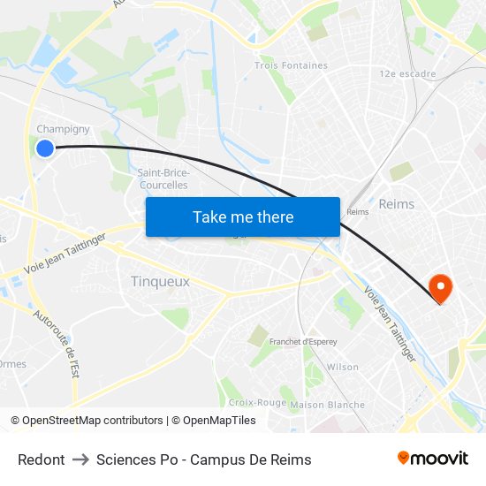 Redont to Sciences Po - Campus De Reims map