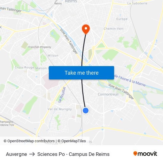 Auvergne to Sciences Po - Campus De Reims map