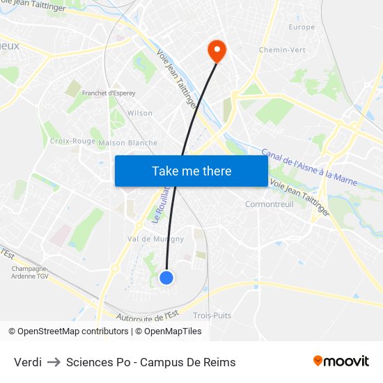 Verdi to Sciences Po - Campus De Reims map