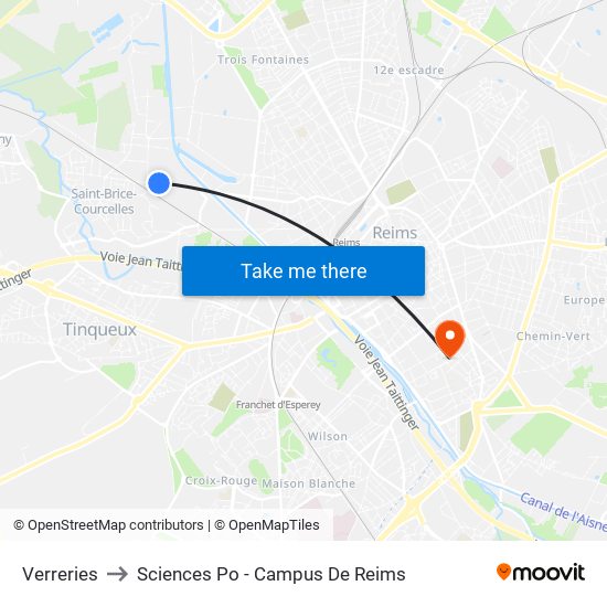 Verreries to Sciences Po - Campus De Reims map