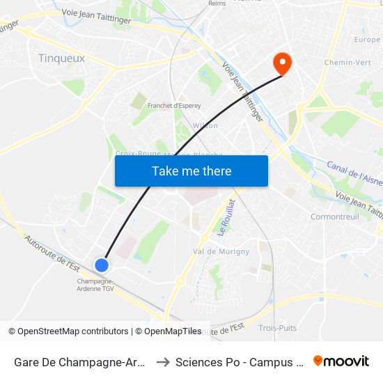 Gare De Champagne-Ardenne Tgv to Sciences Po - Campus De Reims map