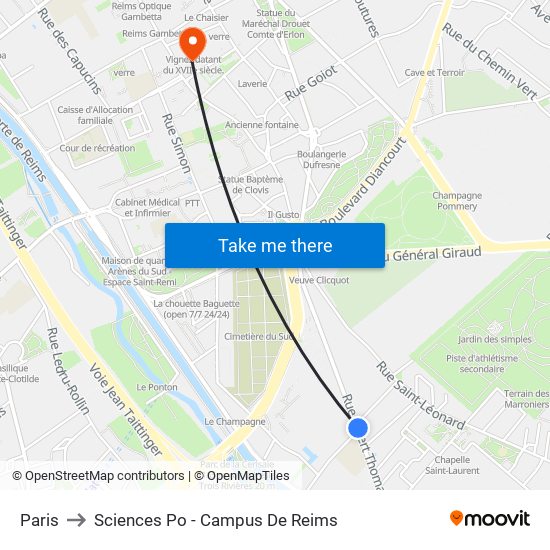 Paris to Sciences Po - Campus De Reims map
