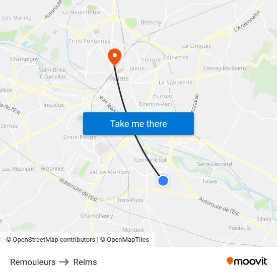 Remouleurs to Reims map