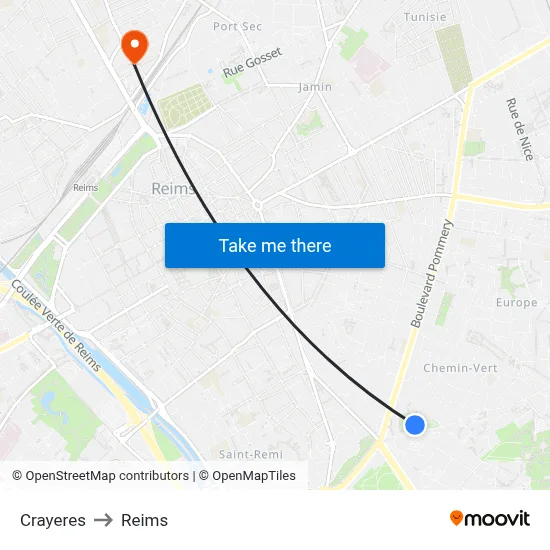 Crayeres to Reims map