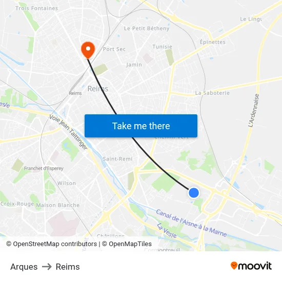 Arques to Reims map