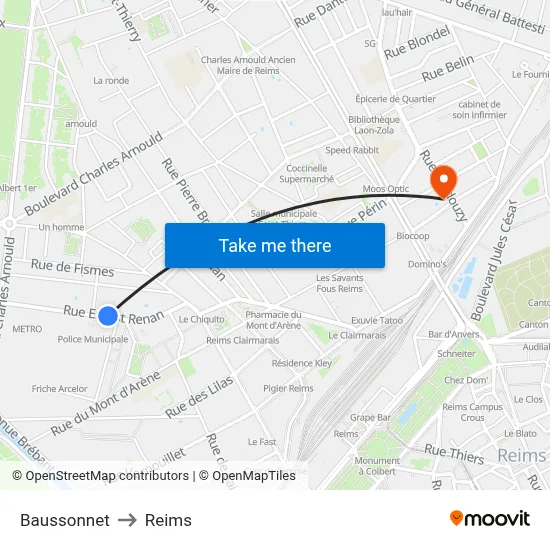 Baussonnet to Reims map