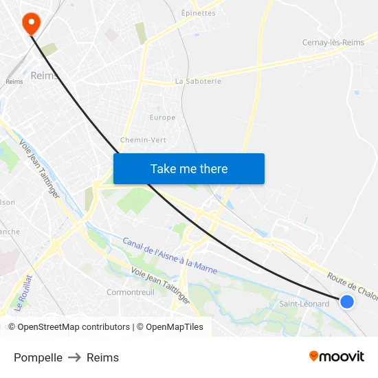 Pompelle to Reims map