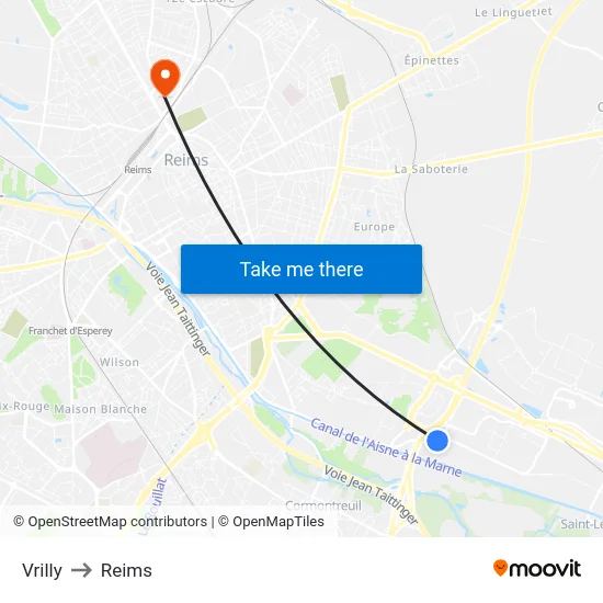 Vrilly to Reims map