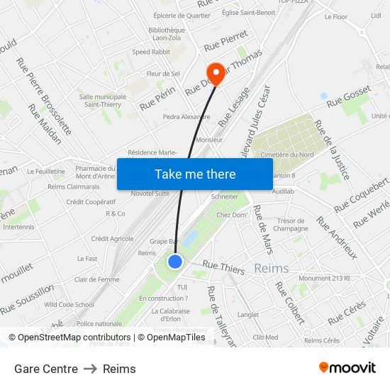 Gare Centre to Reims map