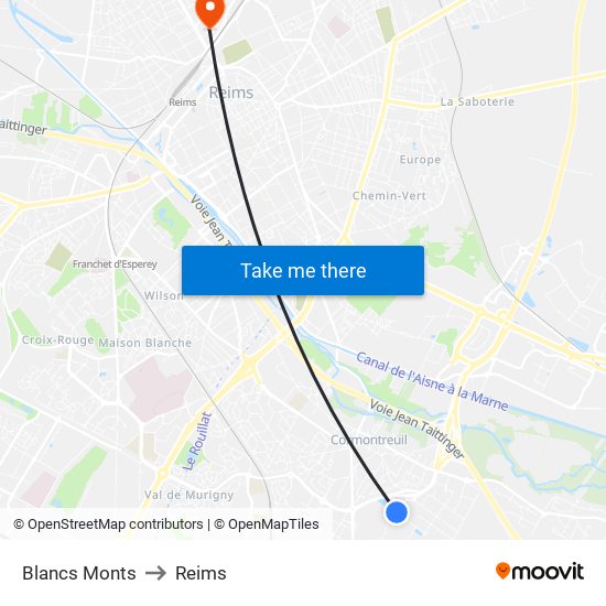 Blancs Monts to Reims map