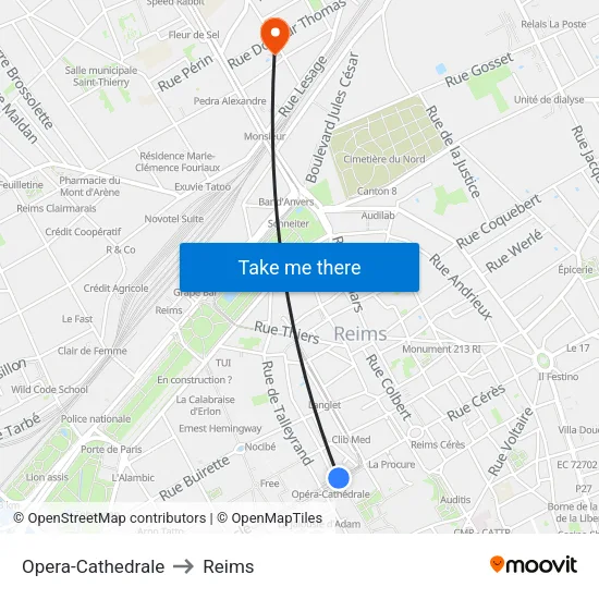Opera-Cathedrale to Reims map