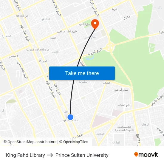 King Fahd Library to Prince Sultan University map