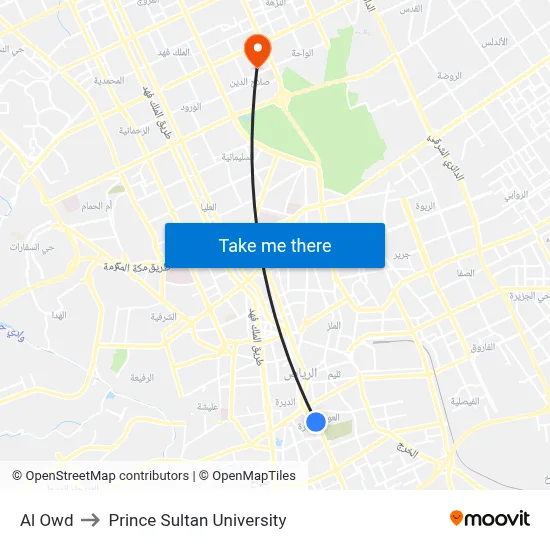 Al Owd to Prince Sultan University map