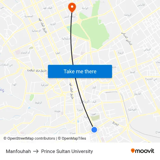 Manfouhah to Prince Sultan University map
