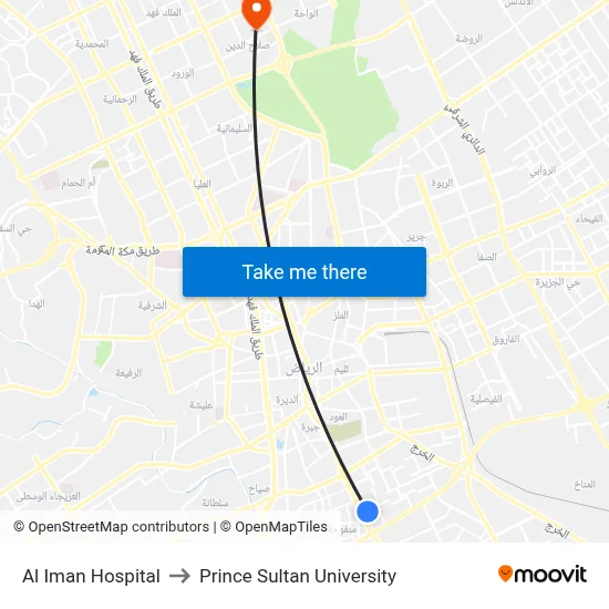 Al Iman Hospital to Prince Sultan University map