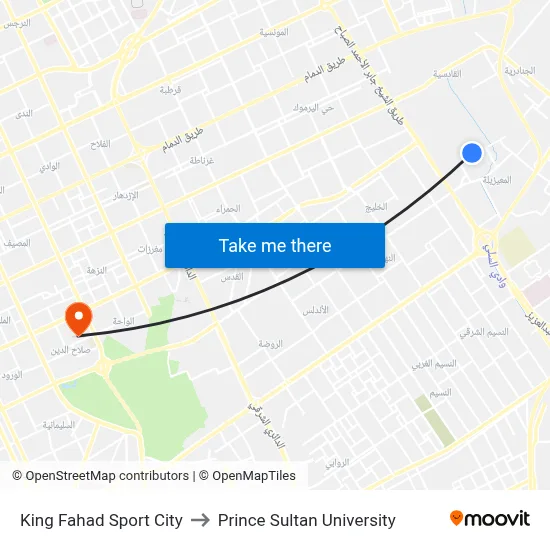 King Fahad Sport City to Prince Sultan University map