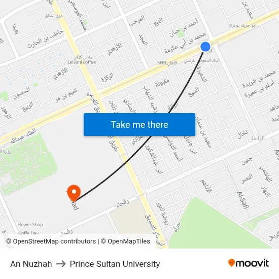 An Nuzhah to Prince Sultan University map