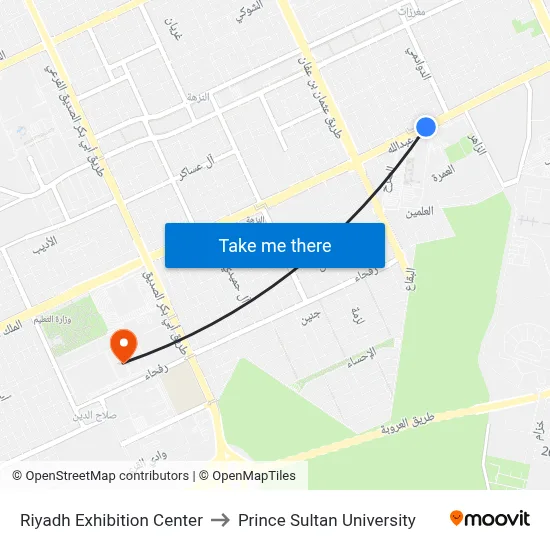 Riyadh Exhibition Center to Prince Sultan University map