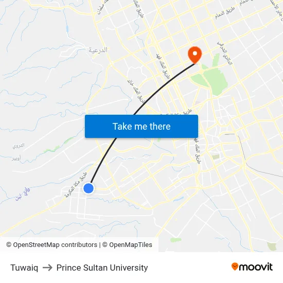 Tuwaiq to Prince Sultan University map
