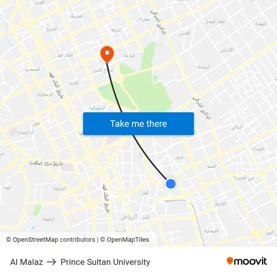 Al Malaz to Prince Sultan University map
