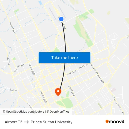 Airport T5 to Prince Sultan University map