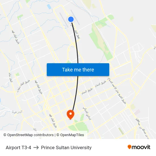 Airport T3-4 to Prince Sultan University map