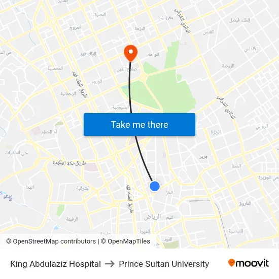 King Abdulaziz Hospital to Prince Sultan University map