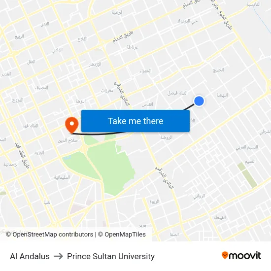 Al Andalus to Prince Sultan University map