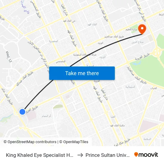 King Khaled Eye Specialist Hospital to Prince Sultan University map