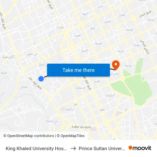 King Khaled University Hospital to Prince Sultan University map