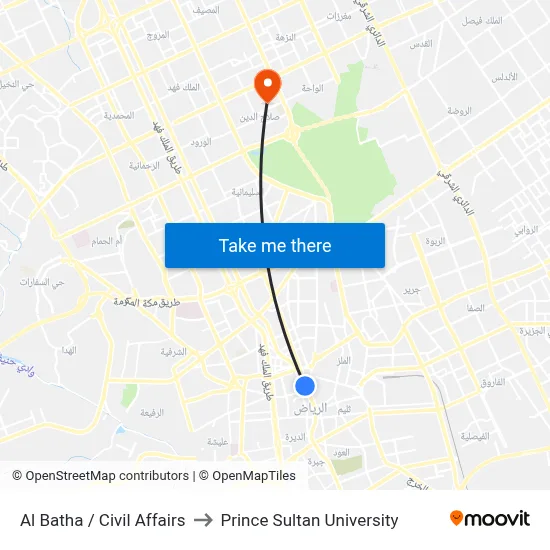 Al Batha / Civil Affairs to Prince Sultan University map