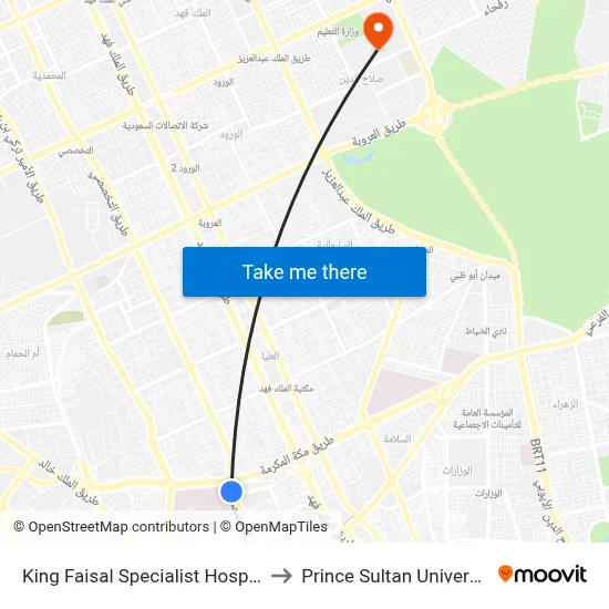 King Faisal Specialist Hospital to Prince Sultan University map