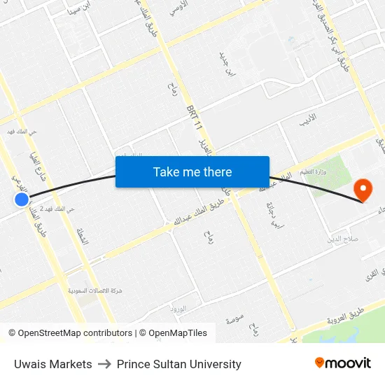 Uwais Markets to Prince Sultan University map
