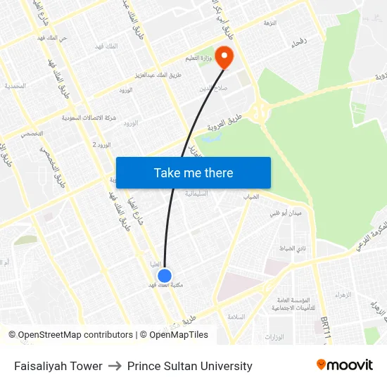 Faisaliyah Tower to Prince Sultan University map