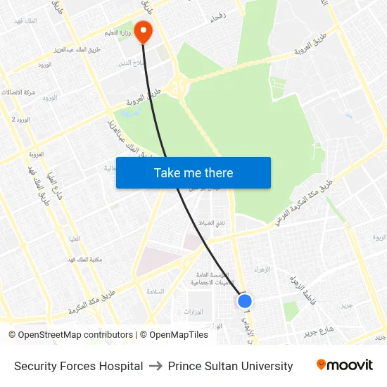 Security Forces Hospital to Prince Sultan University map