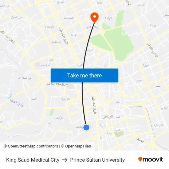 King Saud Medical City to Prince Sultan University map