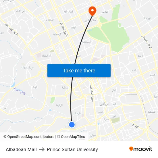 Albadeah Mall to Prince Sultan University map
