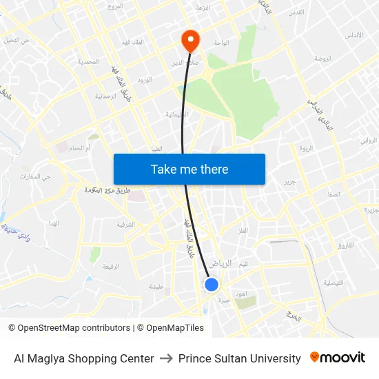 Al Maglya Shopping Center to Prince Sultan University map