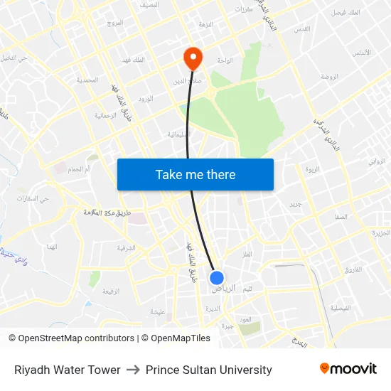 Riyadh Water Tower to Prince Sultan University map