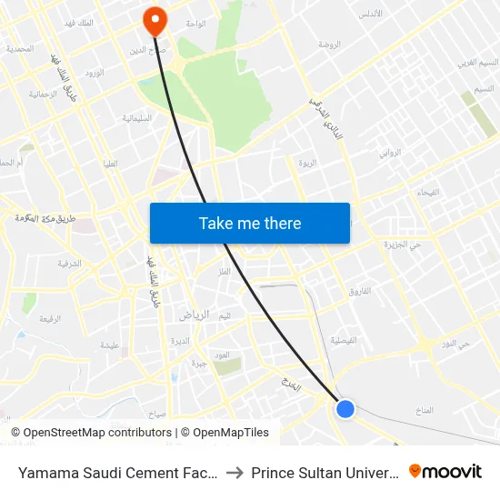 Yamama Saudi Cement Factory to Prince Sultan University map