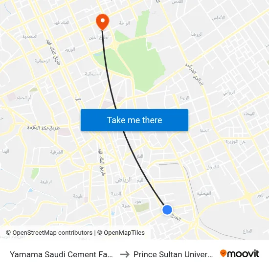 Yamama Saudi Cement Factory to Prince Sultan University map