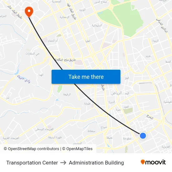 Transportation Center to Administration Building map