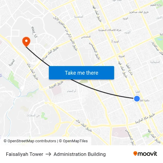 Faisaliyah Tower to Administration Building map