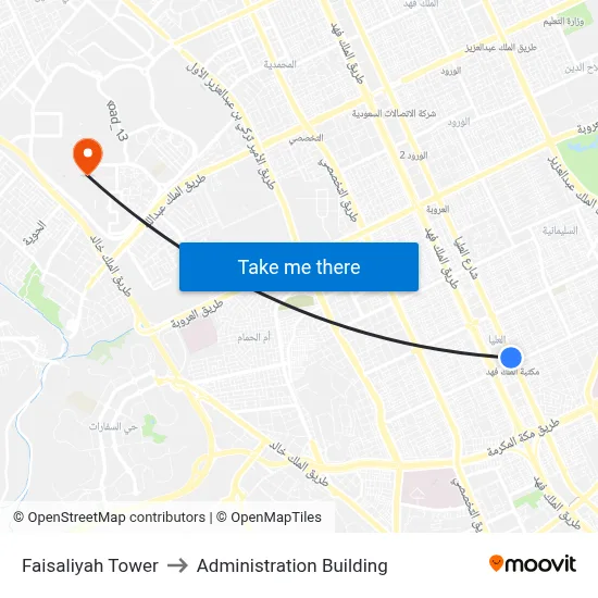 Faisaliyah Tower to Administration Building map