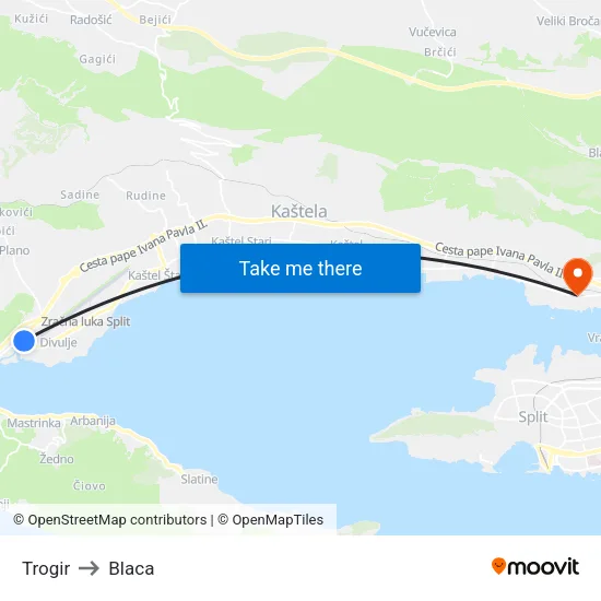 Trogir to Blaca map