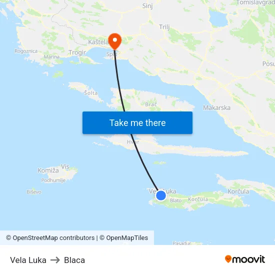 Vela Luka to Blaca map
